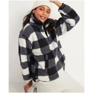 Old Navy Women's M Sherpa Quarter-Zip White Black Buffalo Plaid Pullover Sweater